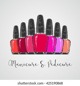 Nails vector logo, emblem, sign, icon. Illustration of nail lacquers in a row. Manicure and pedicure symbol for poster, flyer, web