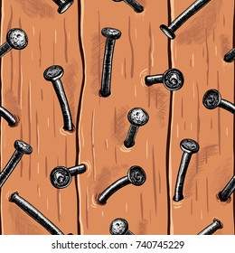 Nails which is hammered into wooden boards into different angles.Realistic vector seamless pattern.