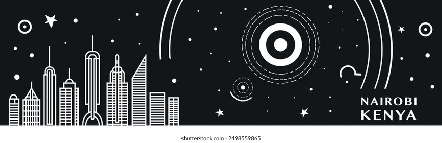 Nairobi city thin line style banner with black and white cityscape and skyline. Chalkboard vector horizontal illustration, header, footer for Kenya