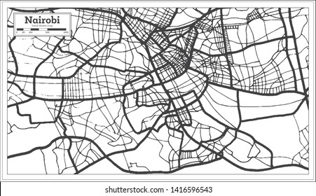 Nairobi Kenya City Map iin Black and White Color. Outline Map. Vector Illustration. 