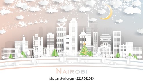 Nairobi Kenya City Skyline in Paper Cut Style with Snowflakes, Moon and Neon Garland. Vector Illustration. Christmas and New Year Concept. Santa Claus on Sleigh. Nairobi Cityscape with Landmarks.