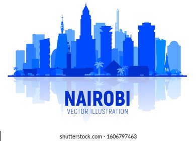 Nairobi Kenya city skyline silhouette at white background. Flat realistic style with famous landmarks and modern scraper buildings. Vector illustration for web or print production.