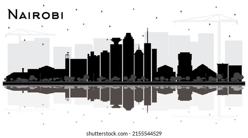 Silhouette en el Skyline de la ciudad de Nairobi, Kenia, con edificios negros y reflexiones aisladas en blanco. Ilustración vectorial. Viaje y concepto con arquitectura moderna. El paisaje urbano de Nairobi con puntos de referencia. 