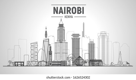 Nairobi Kenya line skyline at white background. Flat realistic style with famous landmarks and modern scraper buildings. Vector illustration for web or print production.