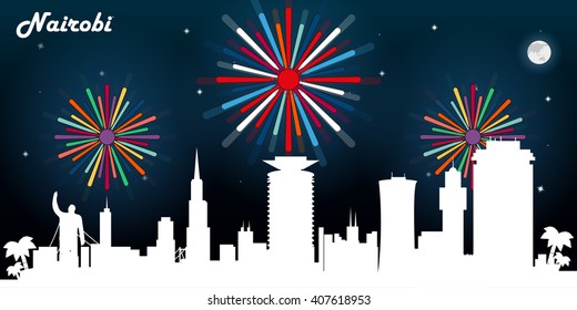 Nairobi Kenya Skyline Silhouette, Dark Night Sky With Fireworks Vector Design