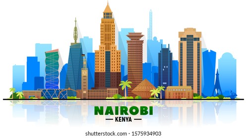 Nairobi Kenya skyline at white background.  Flat realistic style with famous landmarks and modern scraper buildings. Vector illustration for web or print production.