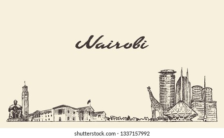 Nairobi skyline, Kenya, hand drawn vector illustration, sketch