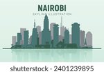Nairobi skyline.Nairobi 
skyline and landmarks silhouette, light green tone gradient design, vector illustration.Nairobi skyline horizontal banner.skyline in flat style.Vector template for your design