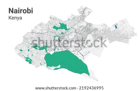 Nairobi vector map. Detailed map of Nairobi city administrative area. Cityscape panorama. Royalty free vector illustration. Road map with highways, rivers.