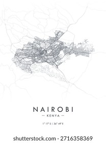 Nairobi vetor imprimir mapa. Mapa detalhado da cidade em Quênia. Mapa de rua minimalista decorativo turístico.