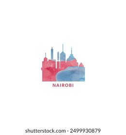 Nairobi watercolor cityscape skyline city panorama vector flat modern logo, icon. Kenya capital emblem concept with landmarks and building silhouettes. Isolated colorful graphic