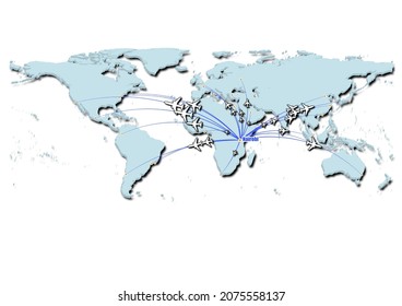 Nairobi-Kenya in concept vector illustration, map showing flights from Nairobi-Kenya to major cities around the world.
