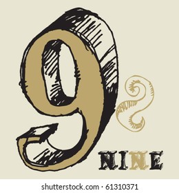 naive 3D numerals, hand drawn number nine