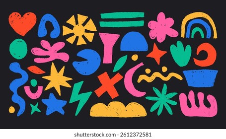 Naive abstract doodle shapes. Cute kid organic crayon pencil brush and pencil figures, childish hand drawn simple geometric elements. Vector isolated set.