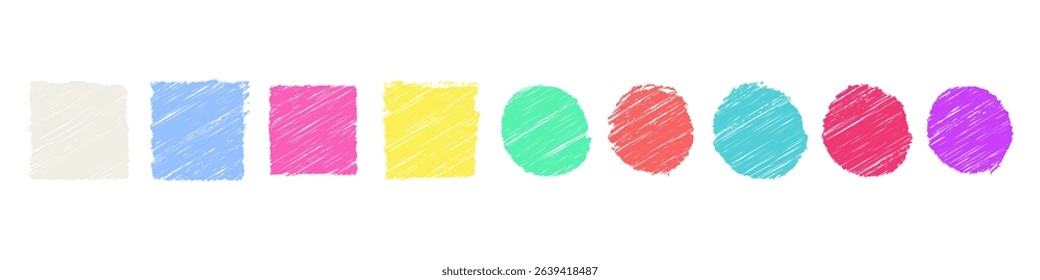 Naive abstract geometric shapes pencil texture set, Hand drawn doodles in childish style, Basic Crayon shapes, Vector illustration.