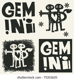 naive abstract horoscope, hand drawn sign of the zodiac gemini