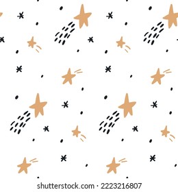 Naive abstract pattern falling stars. Baby Shower Scandinavian pastel wallpaper. Textile fabric design for kids. Flat bohemian vector neutral background paper