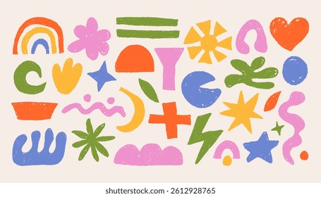 Naive abstract shapes. Cute kid doodle organic crayon pencil brush and pencil figures, childish hand drawn simple geometric elements. Vector isolated set.