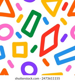 Naive abstract shapes in doodle  style in multi colored.  Vector illustration seamless versatile colorful pattern.