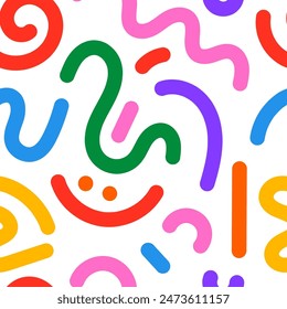 Naive abstract shapes in doodle  style in multi colored.  Vector illustration seamless versatile colorful pattern.