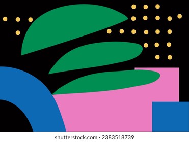 Naive abstract vector background with colorful geometric shapes. Contemporary art design in retro 60s-70s style. Hand drawn simple figures and form on black backdrop.