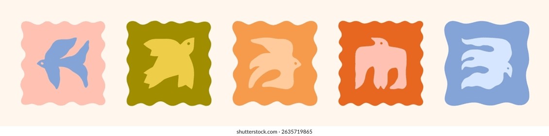 Naive Art Birds Icons Set. Vector Abstract Square Illustrations in Freehand Retro Style for Logo, Print, Pattern, Poster, Web Design
