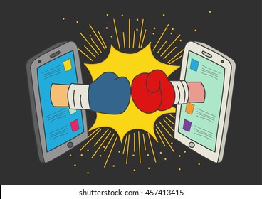 Ilustração de arte ingênua ou desenho animado de duas luvas de boxe que saem de monitores de telefone inteligente, conceito para luta de mídia social