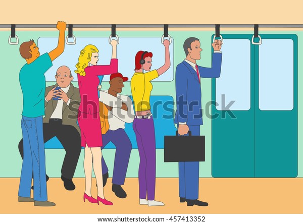 Naive art or cartoon illustration of people standing and sitting in the train, commuter line theme