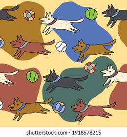Naive Art Dog Pattern, Doodle Art, Dogs Chasing Balls PAttern, Children Pattern