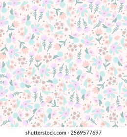 Naive art florals seamless pattern, colorful background print. Hand drawn flowers primitive design, soft pastel color