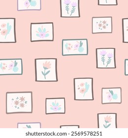 Naive art florals seamless pattern, colorful background print. Hand drawn flowers primitive design,  soft pastel color