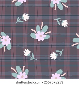 Naive art florals seamless pattern, colorful background print. Hand drawn flowers primitive design,  soft pastel color