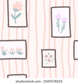 Naive art florals seamless pattern, colorful background print. Hand drawn flowers primitive design,  soft pastel color