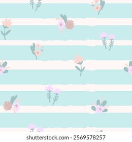 Naive art florals seamless pattern, colorful background print. Hand drawn flowers primitive design,  soft pastel color