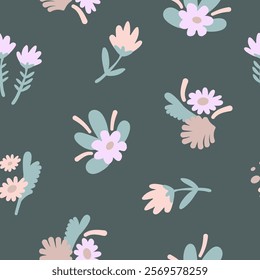 Naive art florals seamless pattern, colorful background print. Hand drawn flowers primitive design,  soft pastel color