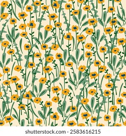 Naive art florals seamless pattern, colorful background print. Hand drawn flowers primitive design, soft pastel color