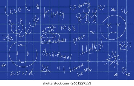 Naive Kunst auf kariertem Musterhintergrund. Vektorgrafik für Bewegungsgrafik, Tapete, Wickelpapier, kindliche abstrakte Kunst. Doodle von Kindern.