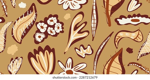 Naive art seamless pattern with abstract flowers and organic shapes. Hand drawn floral print in modern collage style. Botanical boho background. Trendy template for design