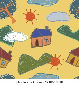 Naive Art Small Village, Doodle Art, Children Art, Drawing Pattern