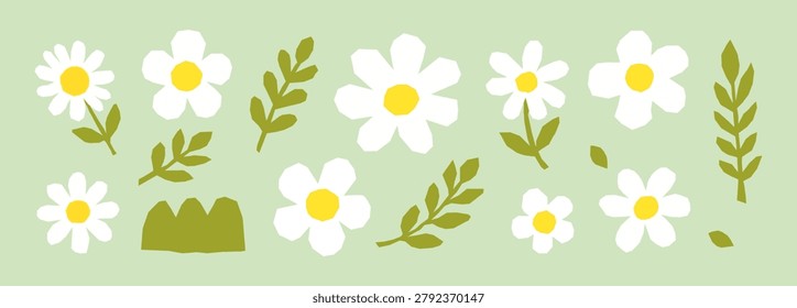 Naive art style paper-cut collage: whimsical flowers, blossoms, tiny plants, funky grass. Groovy organic shapes, floral graphics, and childlike icons create a cheerful art composition. Vector illustration. 
