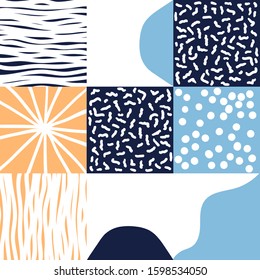 Naive art style vector pattern made with hand-drawn doodles and simple geometric forms and shapes, useful for backgrounds, poster art, textile design, decorative prints, invitation letters, etc.