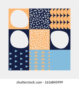 Naive art style vector pattern made with hand-drawn doodles and simple geometric forms and shapes, useful for backgrounds, poster art, textile design, decorative prints, invitation letters, etc.