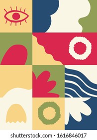 Naive art style vector pattern made with hand-drawn doodles and simple geometric forms and shapes, useful for backgrounds, poster art, textile design, decorative prints, invitation letters, etc.