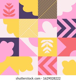 Naive art style vector pattern made with hand-drawn doodles and simple geometric forms and shapes, useful for backgrounds, poster art, textile design, decorative prints, invitation letters, etc.