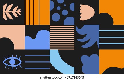 Naive art style vector pattern made with hand-drawn doodles and simple geometric forms and shapes, useful for backgrounds, poster art, textile design, decorative prints, invitation letters, etc.