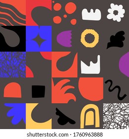 Naive art style vector pattern made with hand-drawn doodles and simple geometric forms and shapes, useful for backgrounds, poster art, textile design, decorative prints, invitation letters, etc.