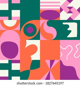 Naive art style vector pattern made with hand-drawn doodles and simple geometric forms and shapes, useful for backgrounds, poster art, textile design, decorative prints, invitation letters, etc.