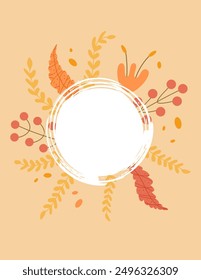 Naive background with circular frame. Autumn banner and invitation template with leaves, flower and border and copy space. Vector hand drawn illustration.