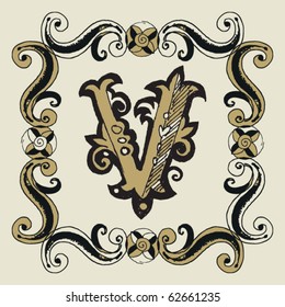 naive baroque alphabet, hand drawn letter V