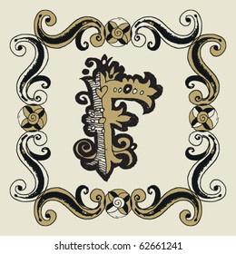 naive baroque alphabet, hand drawn letter F